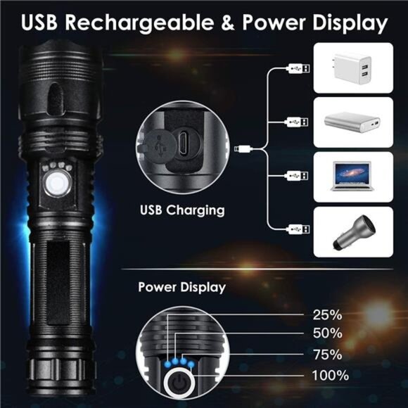 100000 High Lumens Flashlights,Usb Rechargeable Powerful Waterproof Super - Picture 4 of 7